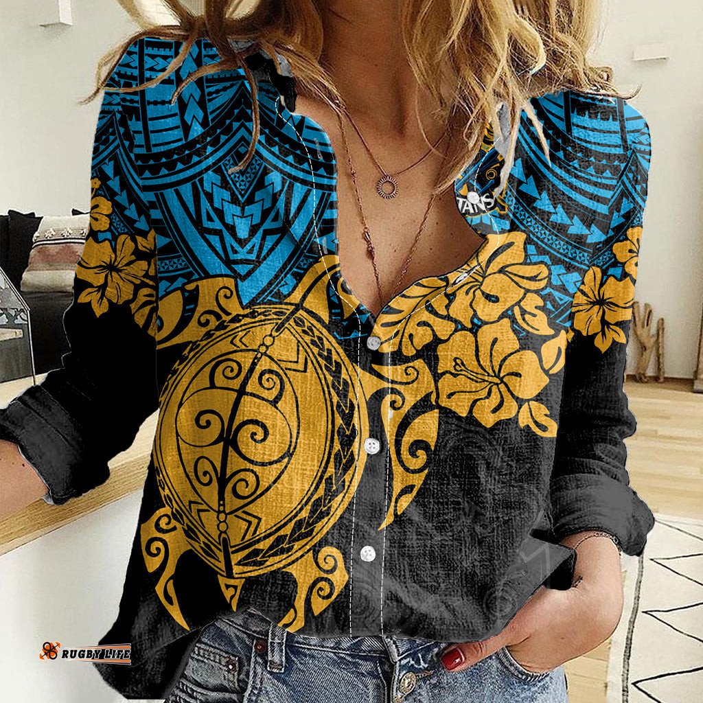 Custom Titans Rugby Women Casual Shirt GLD Hibiscus and Turtle With Polynesian Pattern