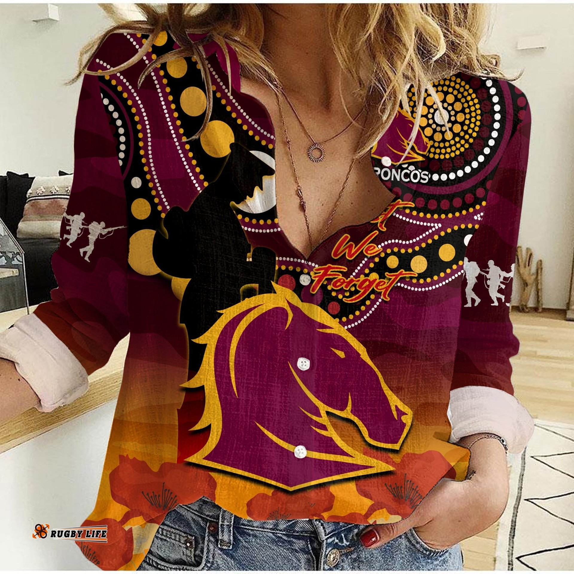 Custom Text And Number Brisbane Broncos Rugby ANZAC 2023 Women Casual Shirt Aboriginal Mix Poppy Lest We Forget