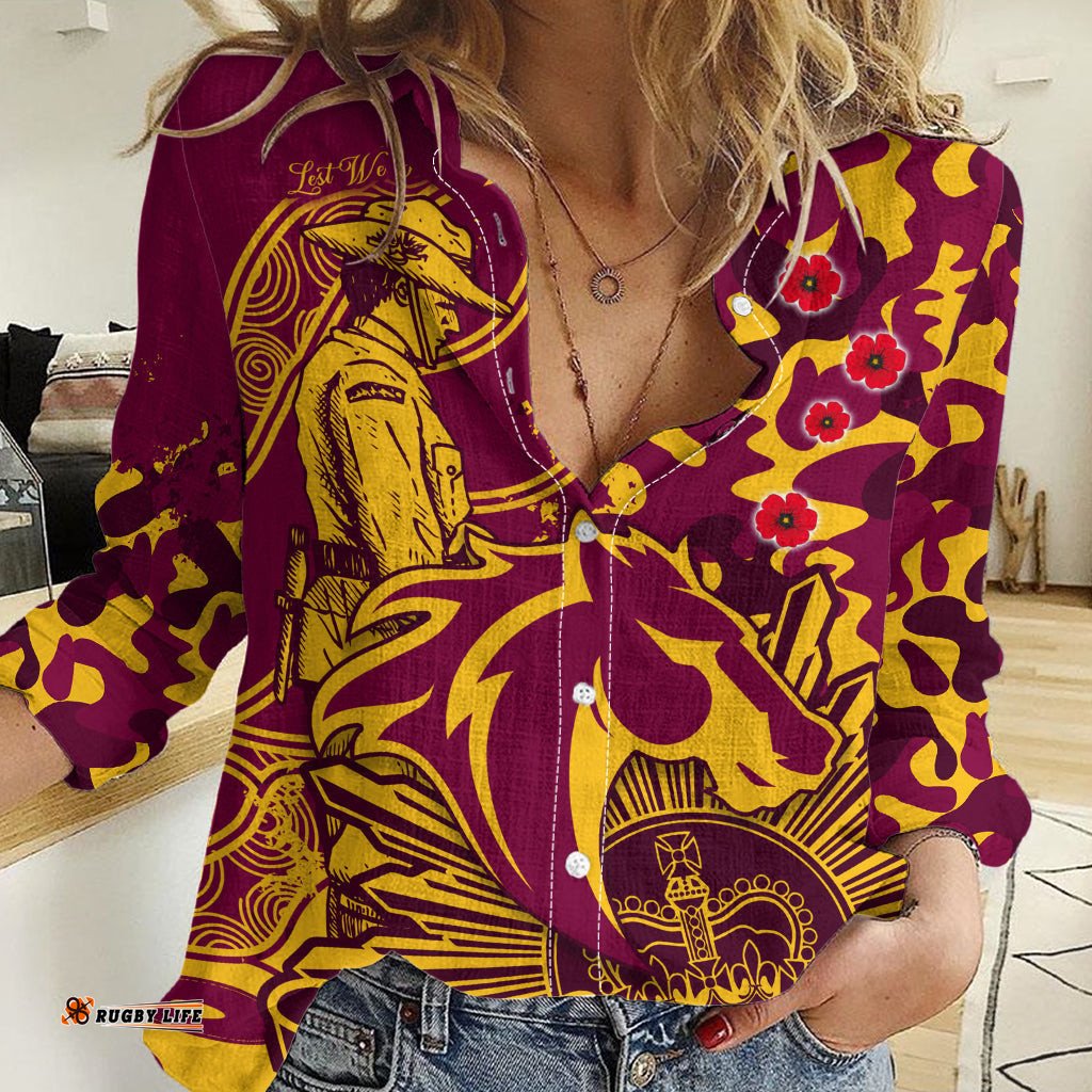 Custom Text And Number NRL ANZAC 2023 Broncos Women Casual Shirt Camouflage