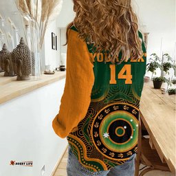 Custom Text And Number Wallabies Rugby Women Casual Shirt Aussie Go Champions Indigenous Green