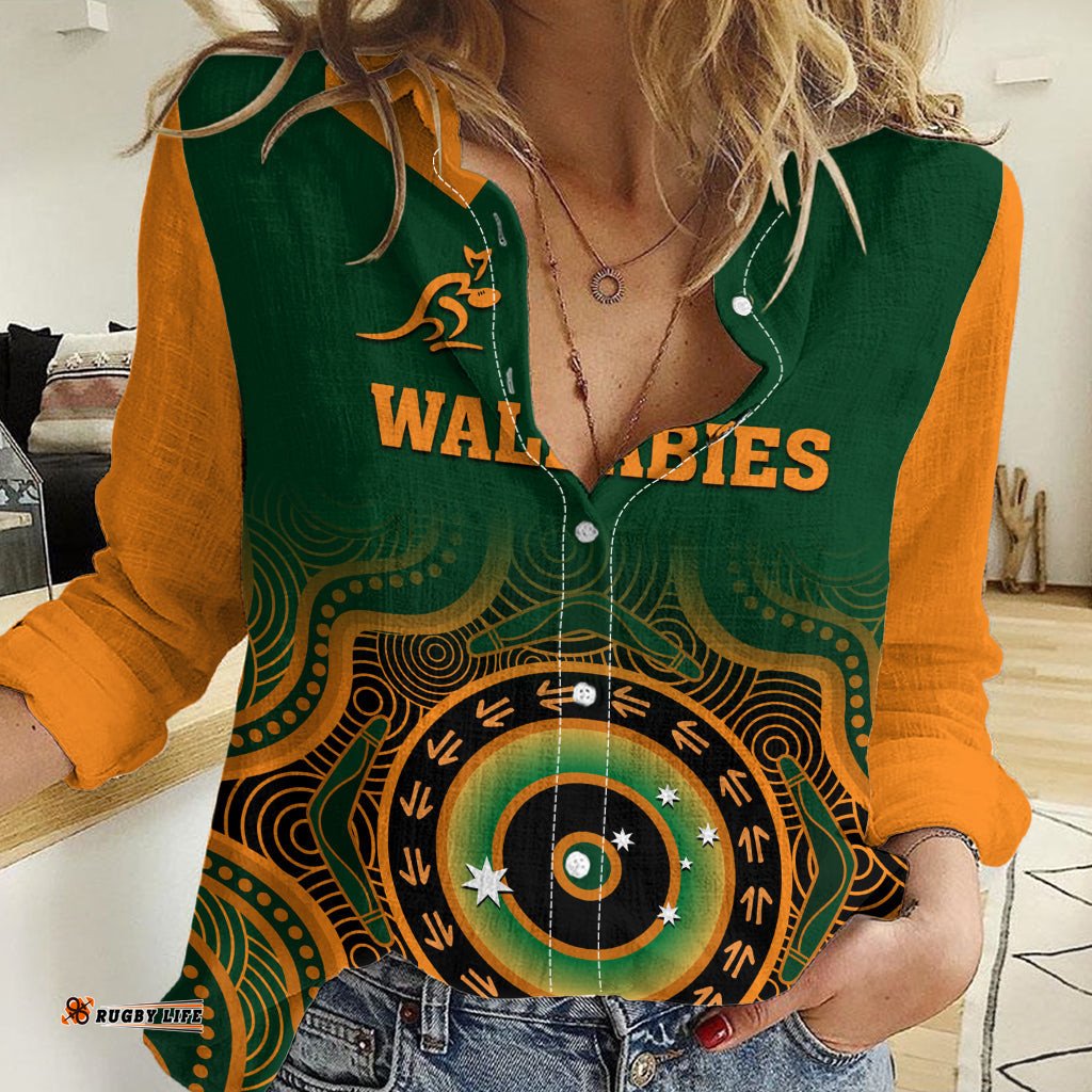 Custom Text And Number Wallabies Rugby Women Casual Shirt Aussie Go Champions Indigenous Green