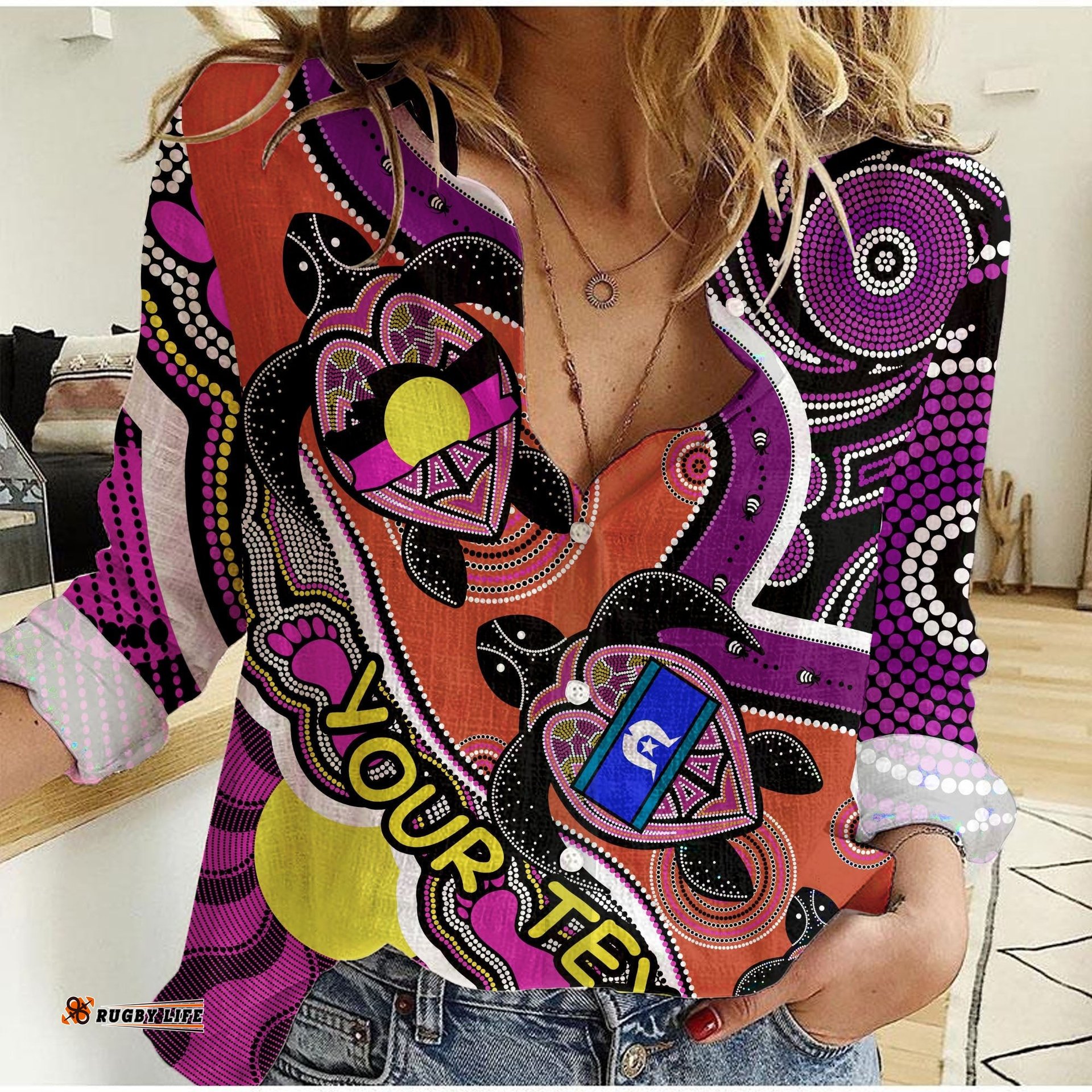 Custom Personalised Australia Aboriginal Dots With Turtle and NAIDOC Flags Purple Women Casual Shirt