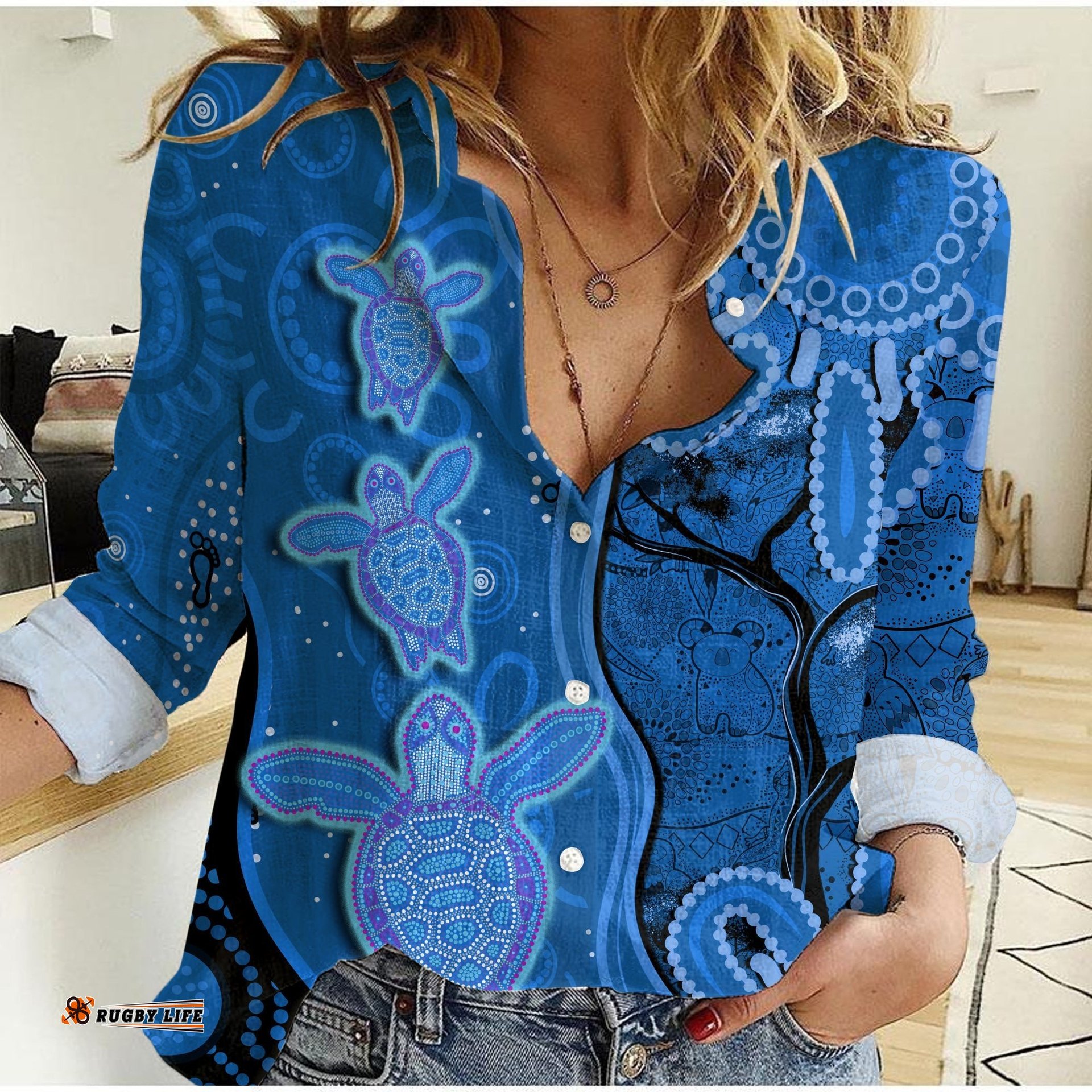Australian Aboriginal Art Women Casual Shirt Aussie Turtle Blue Version