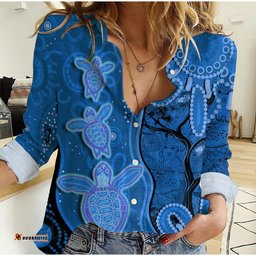 Australian Aboriginal Art Women Casual Shirt Aussie Turtle Blue Version