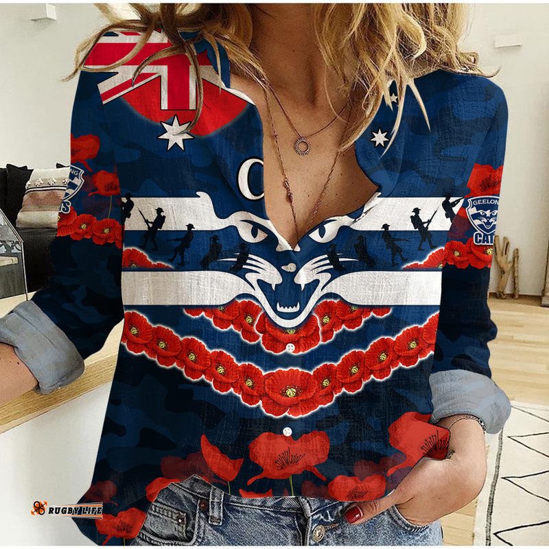 Cats Football ANZAC Women Casual Shirt Lest We Forget