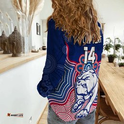 Custom Text And Number Bulldogs Football Women Casual Shirt Western Doggies Aboriginal Art