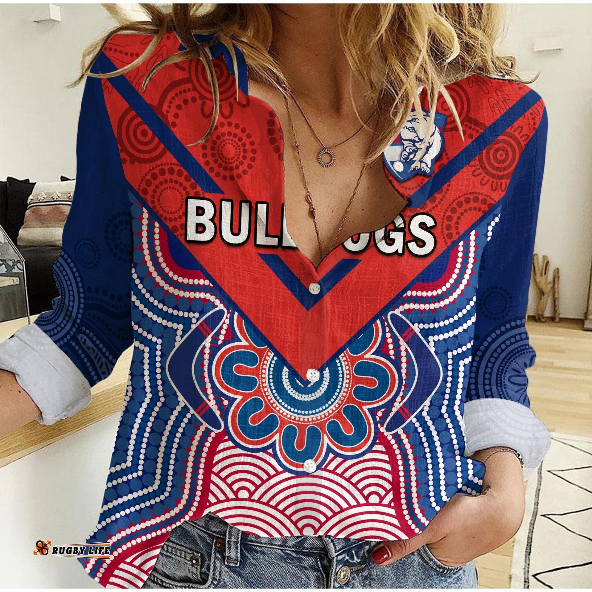 Custom Text And Number Bulldogs Football Women Casual Shirt Western Doggies Aboriginal Art