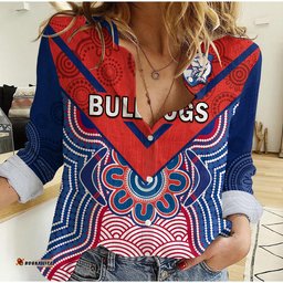 Custom Text And Number Bulldogs Football Women Casual Shirt Western Doggies Aboriginal Art