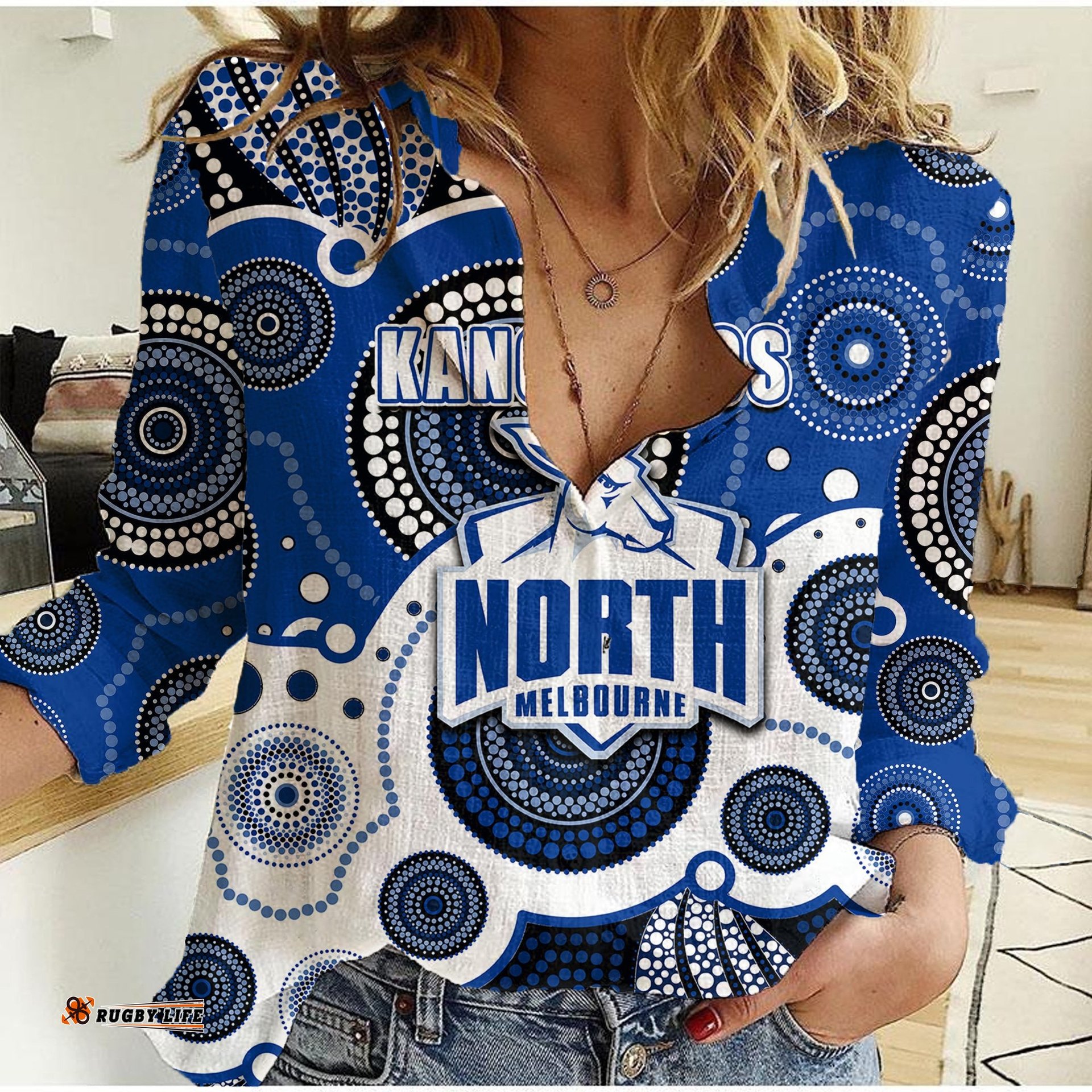 Custom Personalised And Number North AFL Women Casual Shirt Aboriginal Patterns
