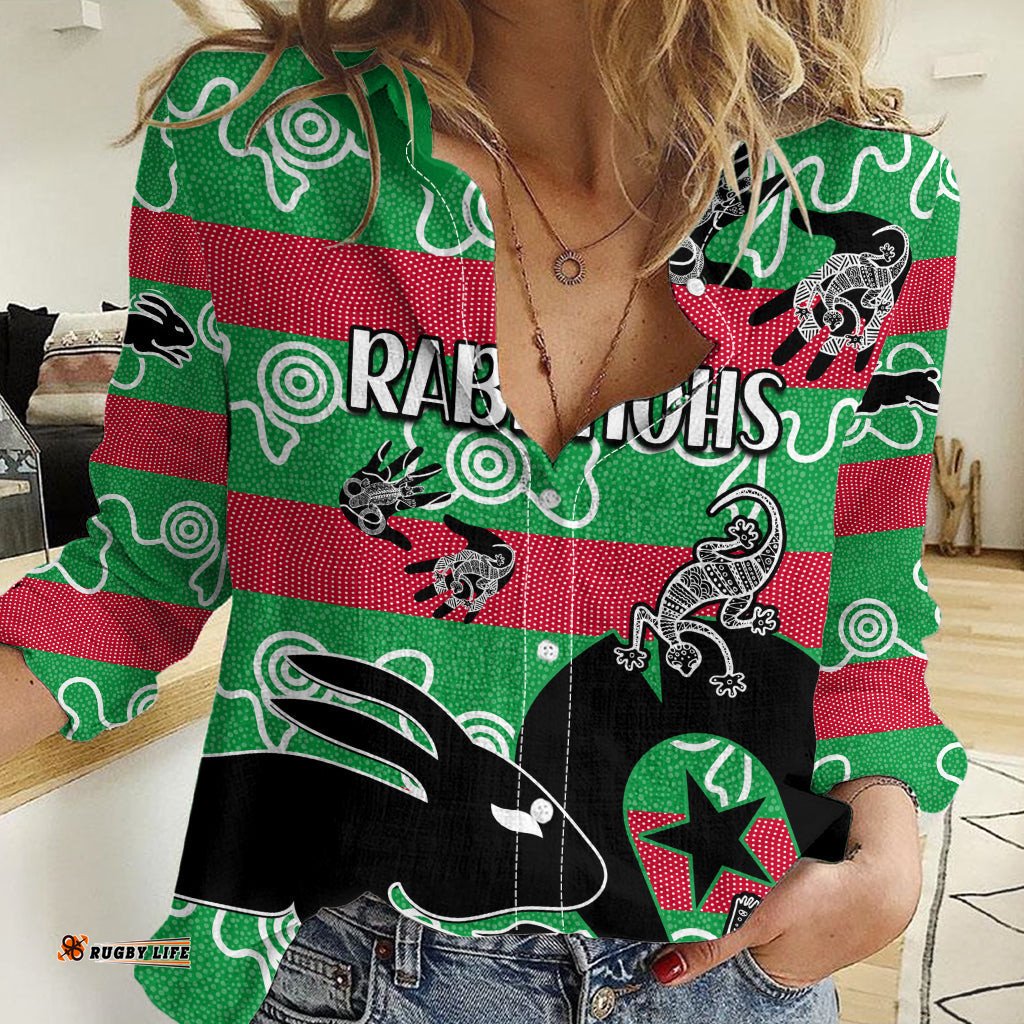 NAIDOC Rabbitohs Rugby Women Casual Shirt Go The Bunnies Aboriginal Dots