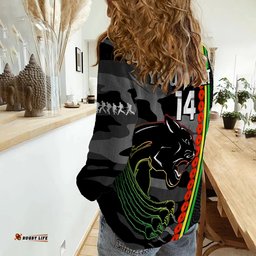 Custom Text And Number Panthers Rugby ANZAC Women Casual Shirt Aboriginal Mix Poppy Camouflage Black