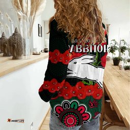 ANZAC 2023 NRL Rabbitohs Rugby Women Casual Shirt The Bunnies 1908 Poppy Flowers Mixed Aboriginal