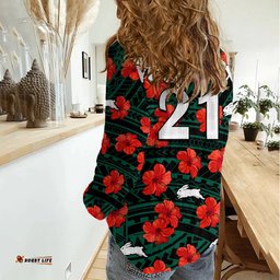 Custom Text And Number Rabbitohs Rugby Women Casual Shirt Polynesian Style With Hibiscus