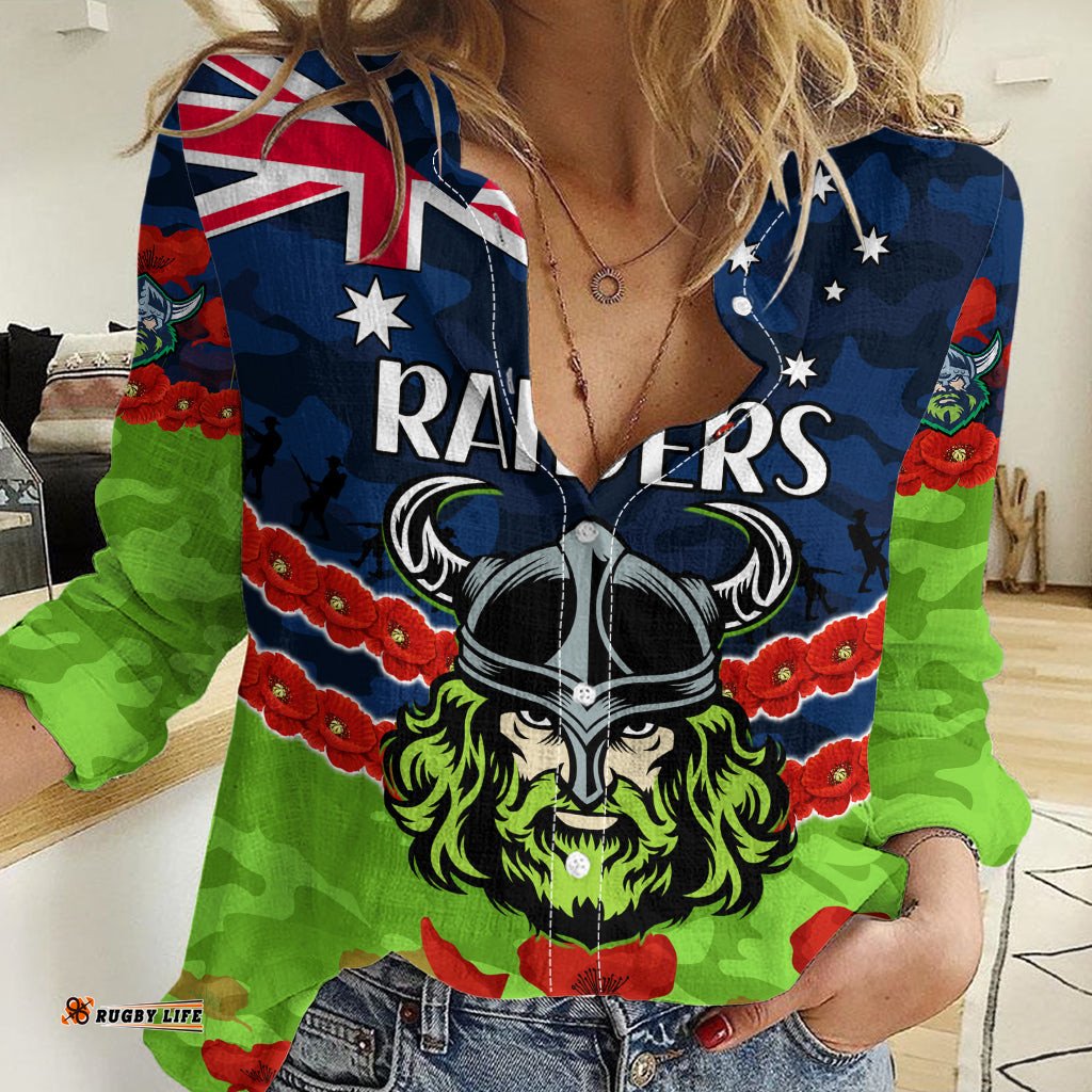 Custom Text And Number Raiders Rugby ANZAC Women Casual Shirt Lest We Forget