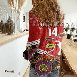 Custom Roosters Rugby Christmas Women Casual Shirt Merry Xmas 2023 Mix Aboriginal Art