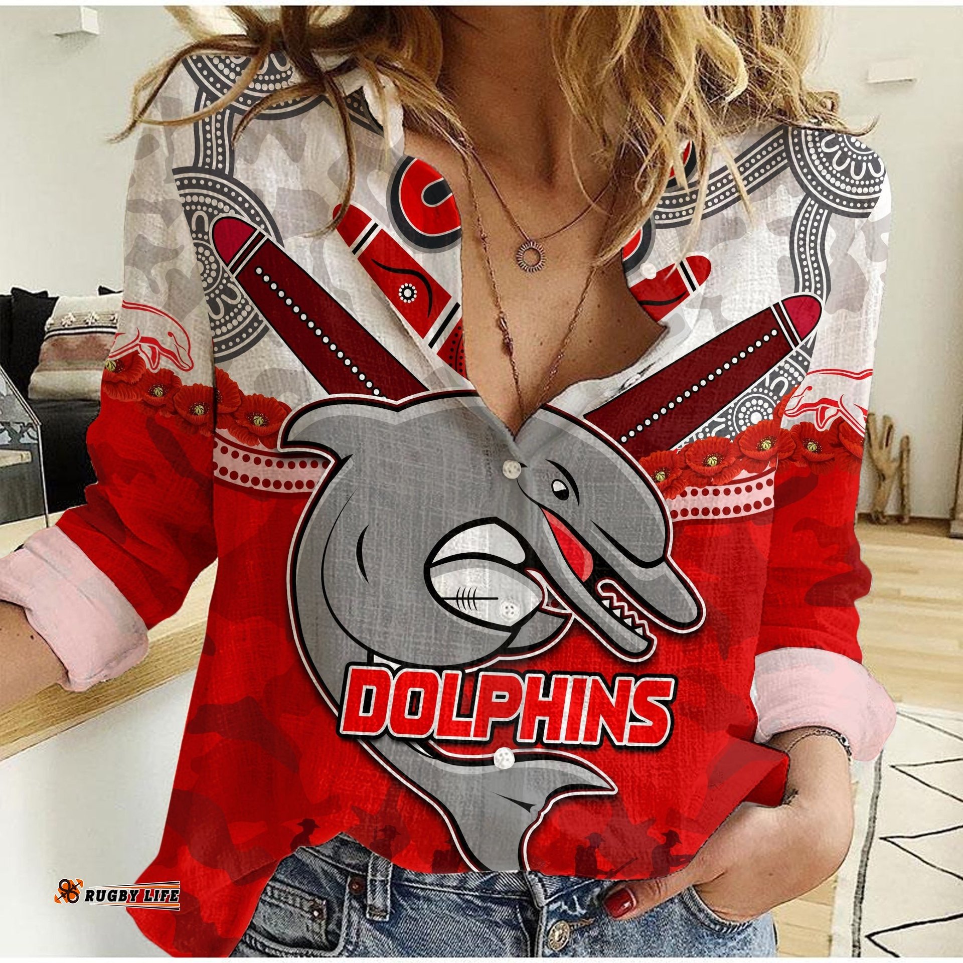 Custom Personalised Dolphins Rugby Women Casual Shirt ANZAC Day Poppy Aboriginal