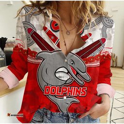 Custom Personalised Dolphins Rugby Women Casual Shirt ANZAC Day Poppy Aboriginal