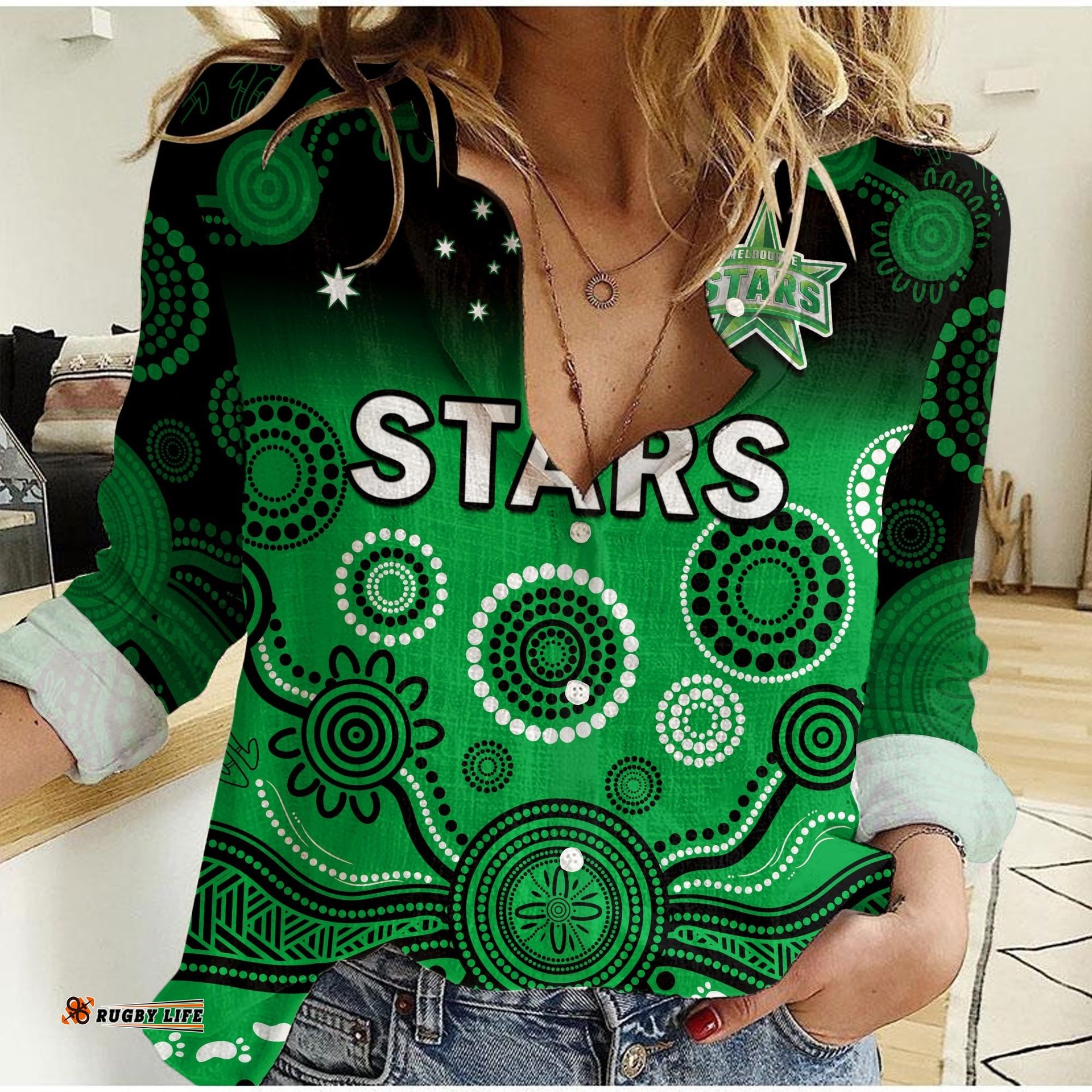 Stars Cricket Women Casual Shirt Melbourne Team Green Gradient Aboriginal Art