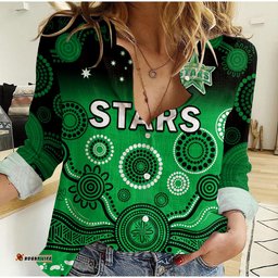 Stars Cricket Women Casual Shirt Melbourne Team Green Gradient Aboriginal Art