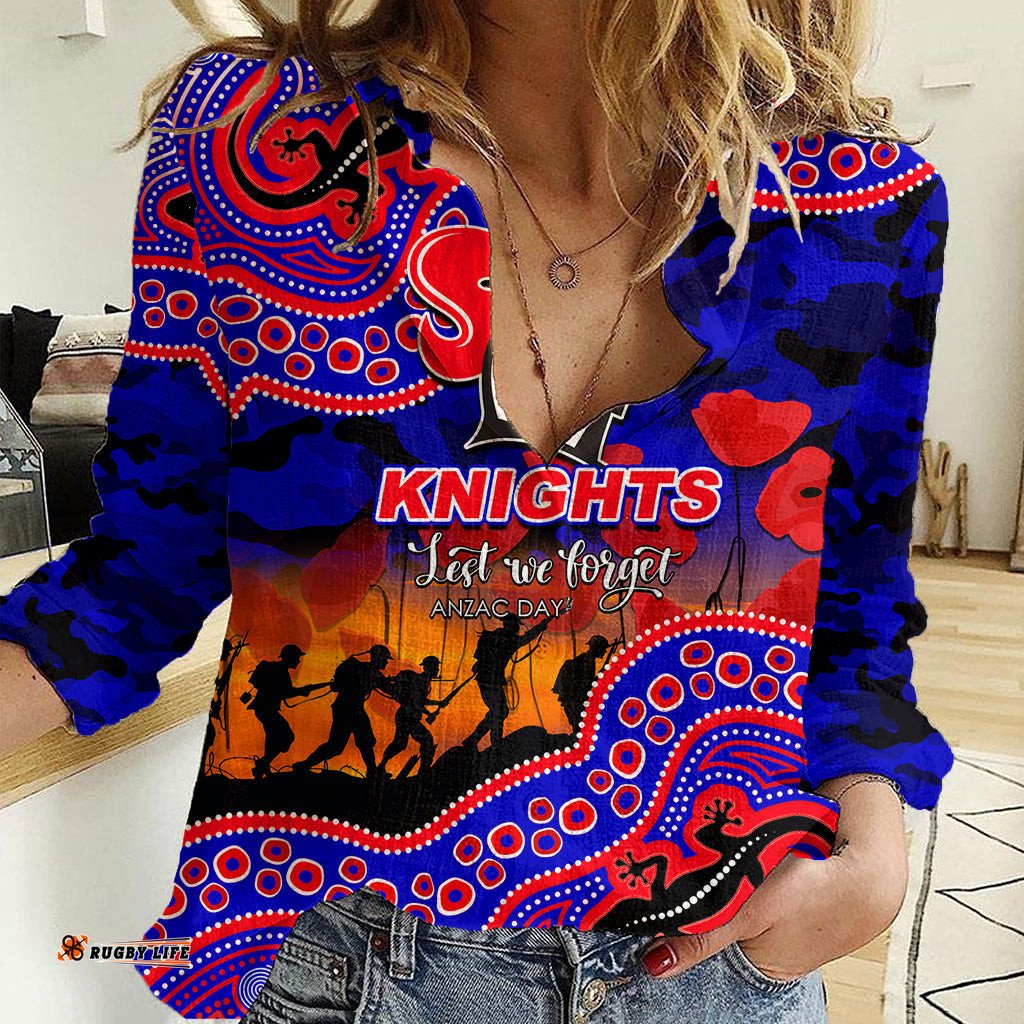 Custom Personalised Anzac Day NRL - Knights Women Casual Shirt Aboriginal Lizard Patterns