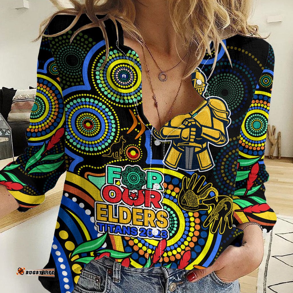 Custom Titans Rugby Aboriginal Art Women Casual Shirt NAIDOC Indigenous Tribal