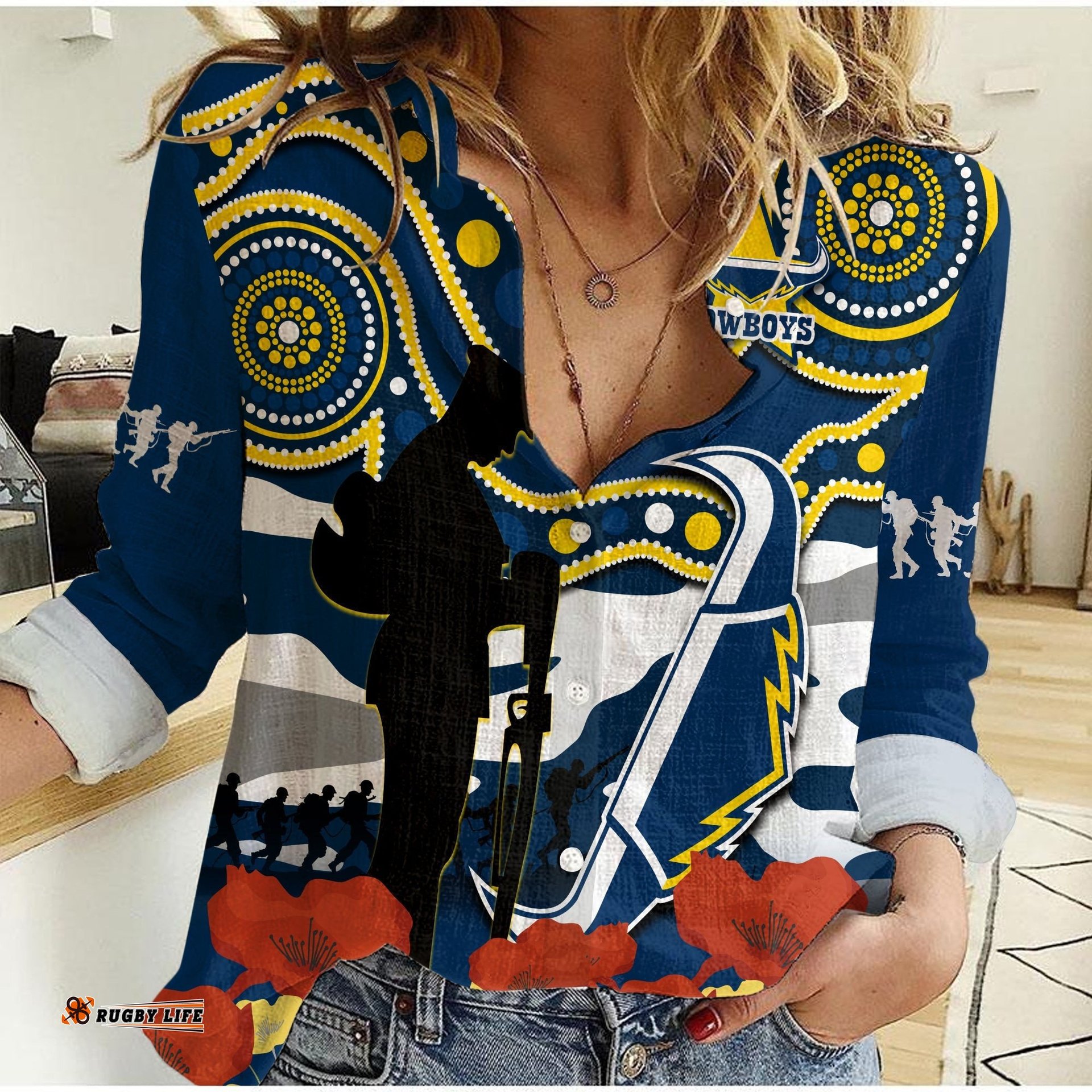 Custom Text And Number Cowboys Rugby ANZAC 2023 Women Casual Shirt Australian Army Aboriginal Lest We Forget