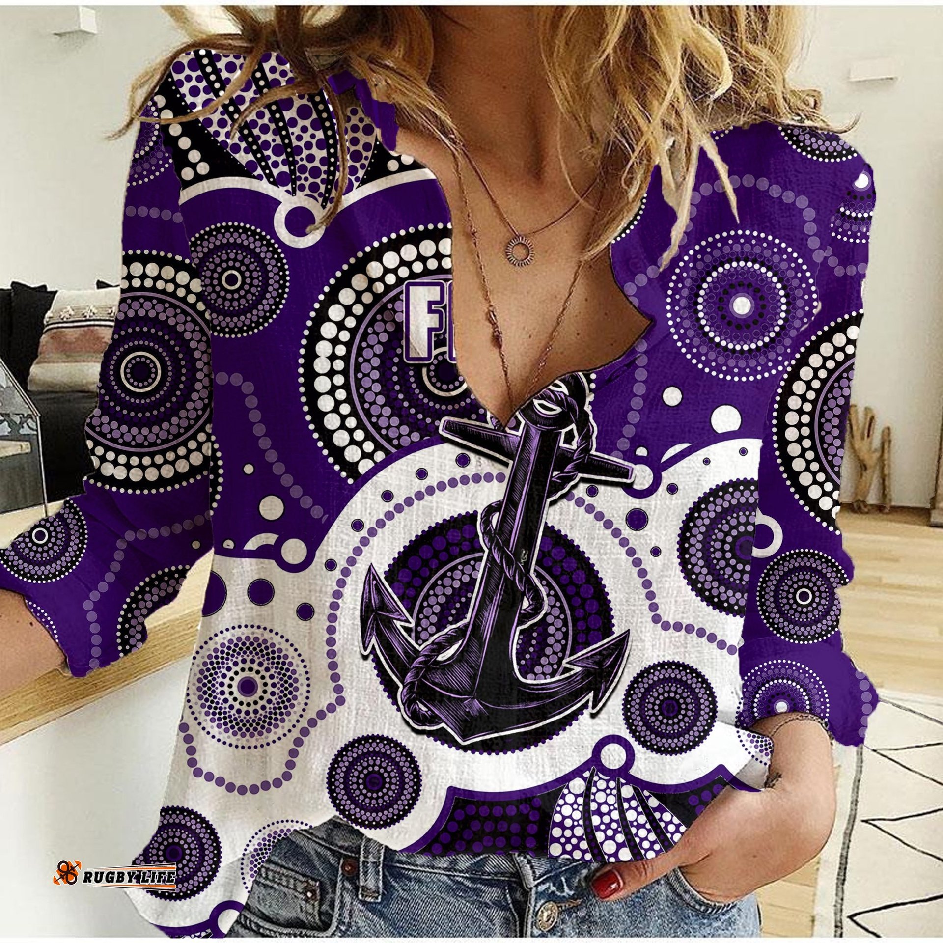 Custom Personalised And Number Freo AFL Women Casual Shirt Aboriginal Patterns