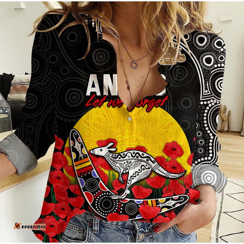 Australia ANZAC Women Casual Shirt Kangaroo Boomerang with Poppy