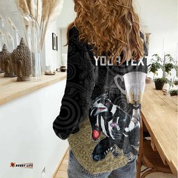 Personalised Collingwood Football Women Casual Shirt Magpies Go Champions 2023 Polynesian Indigenous Art