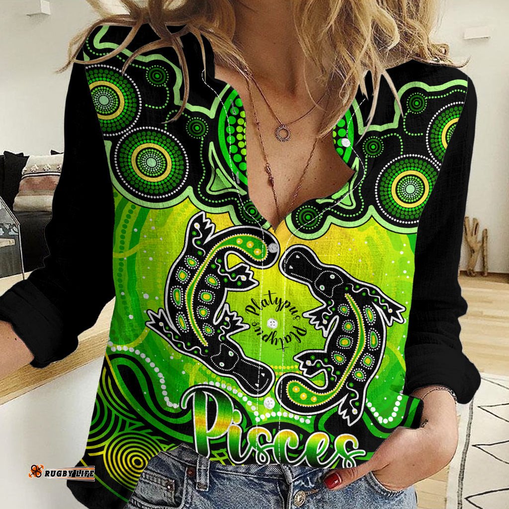 Personalised Australia Pisces Platypus Zodiac Women Casual Shirt Auz Astrology Aboriginal - Green