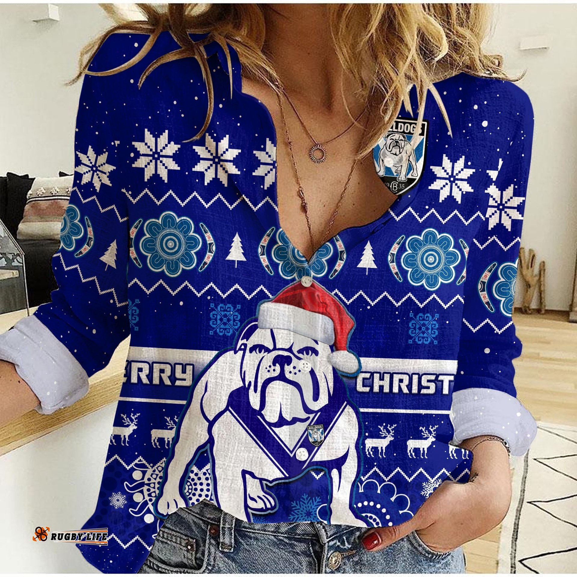Custom Personalised Bulldogs Rugby Christmas Women Casual Shirt Berries Merry Xmas Aboriginal Art