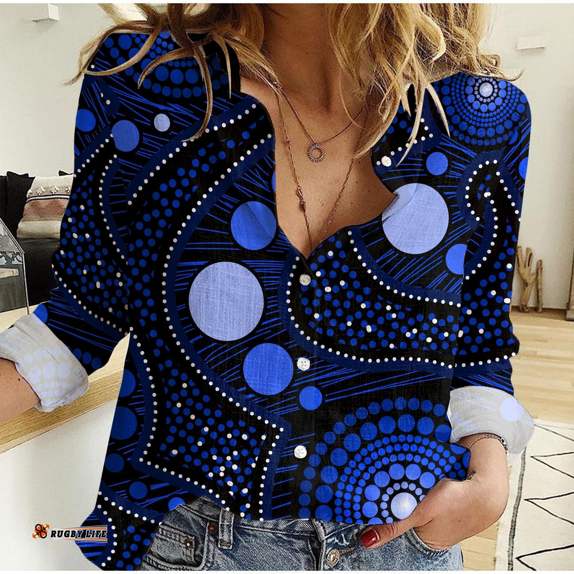 Custom Text and Number Women Casual Shirt Aboriginal Art Ver.01