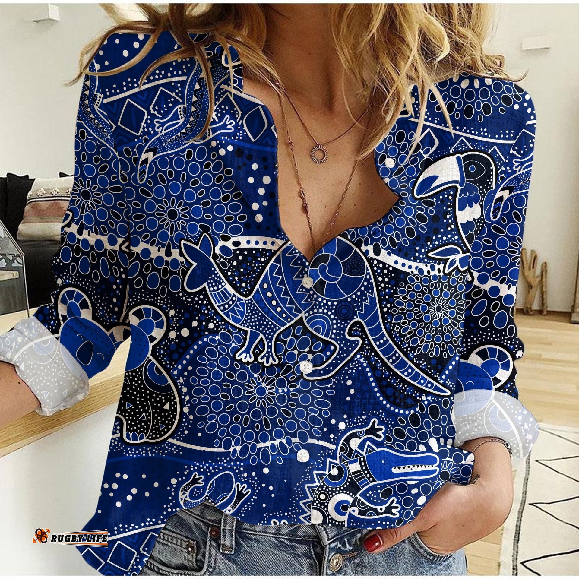 Custom Text and Number Women Casual Shirt Aboriginal Animal and Dot Acrylic Paint Ver.02
