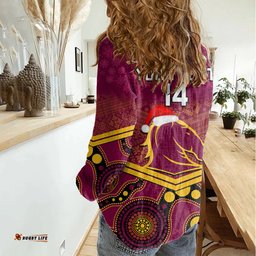 Custom Brisbane Broncos Rugby Christmas Women Casual Shirt Merry Xmas 2023 Mix Aboriginal Art