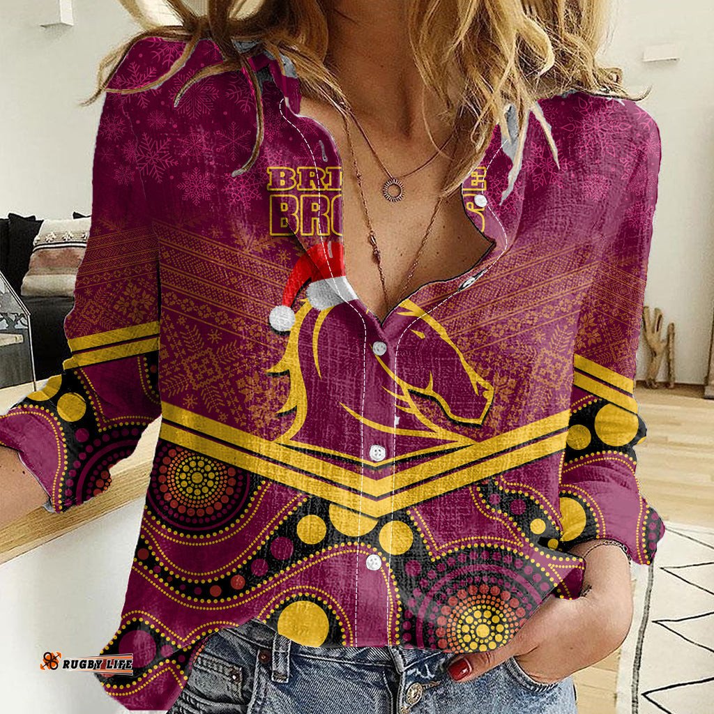 Custom Brisbane Broncos Rugby Christmas Women Casual Shirt Merry Xmas 2023 Mix Aboriginal Art
