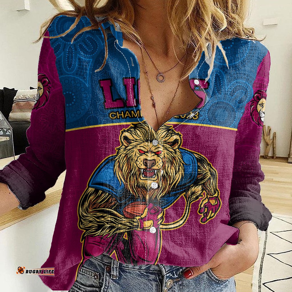 Custom AFL Lions Champions 2023 Women Casual Shirt Proud Brisbane Aboriginal Vibe