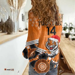 Custom Tigers Rugby Christmas Women Casual Shirt Merry Xmas 2023 Mix Aboriginal Art