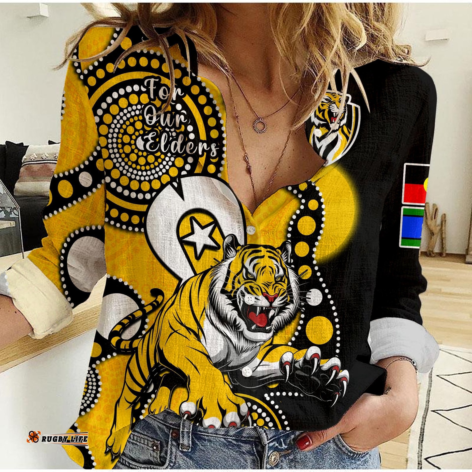 Custom Text And Number Richmond Football NAIDOC 2023 Women Casual Shirt Tigers For Our Elders Indigenous Art