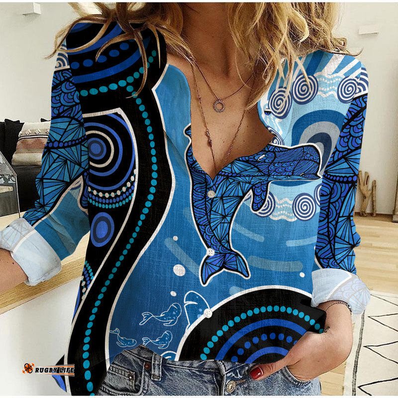 Aboriginal Woman Casual Shirt Dolphin Australia Pattern Sea