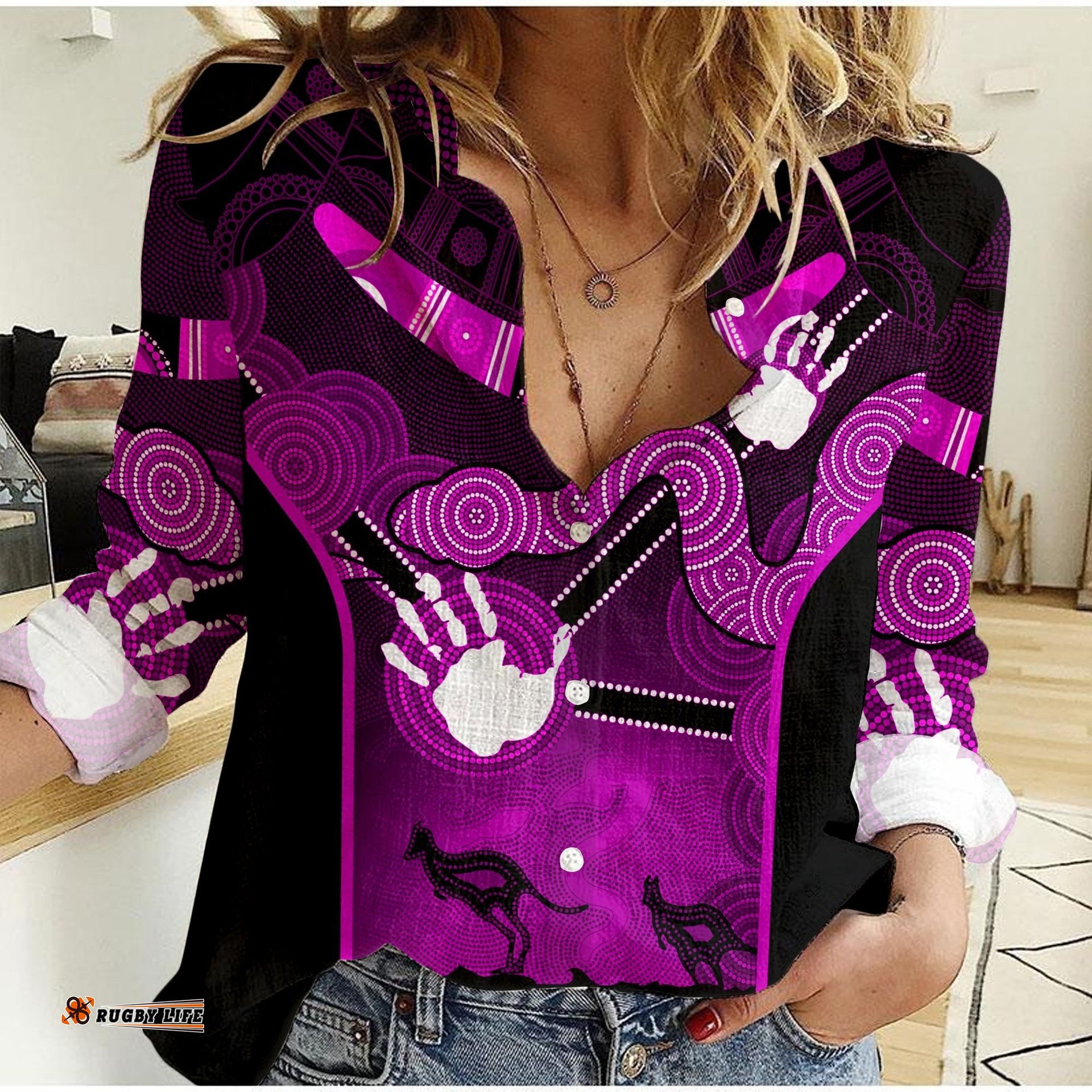 Women Casual Shirt Aboriginal Australian Boomerang and Snake Indigenous Art Ver.04