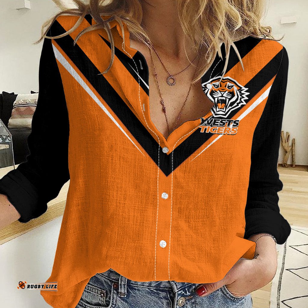 Wests Tigers Rugby Women Casual Shirt Orange Simple Style
