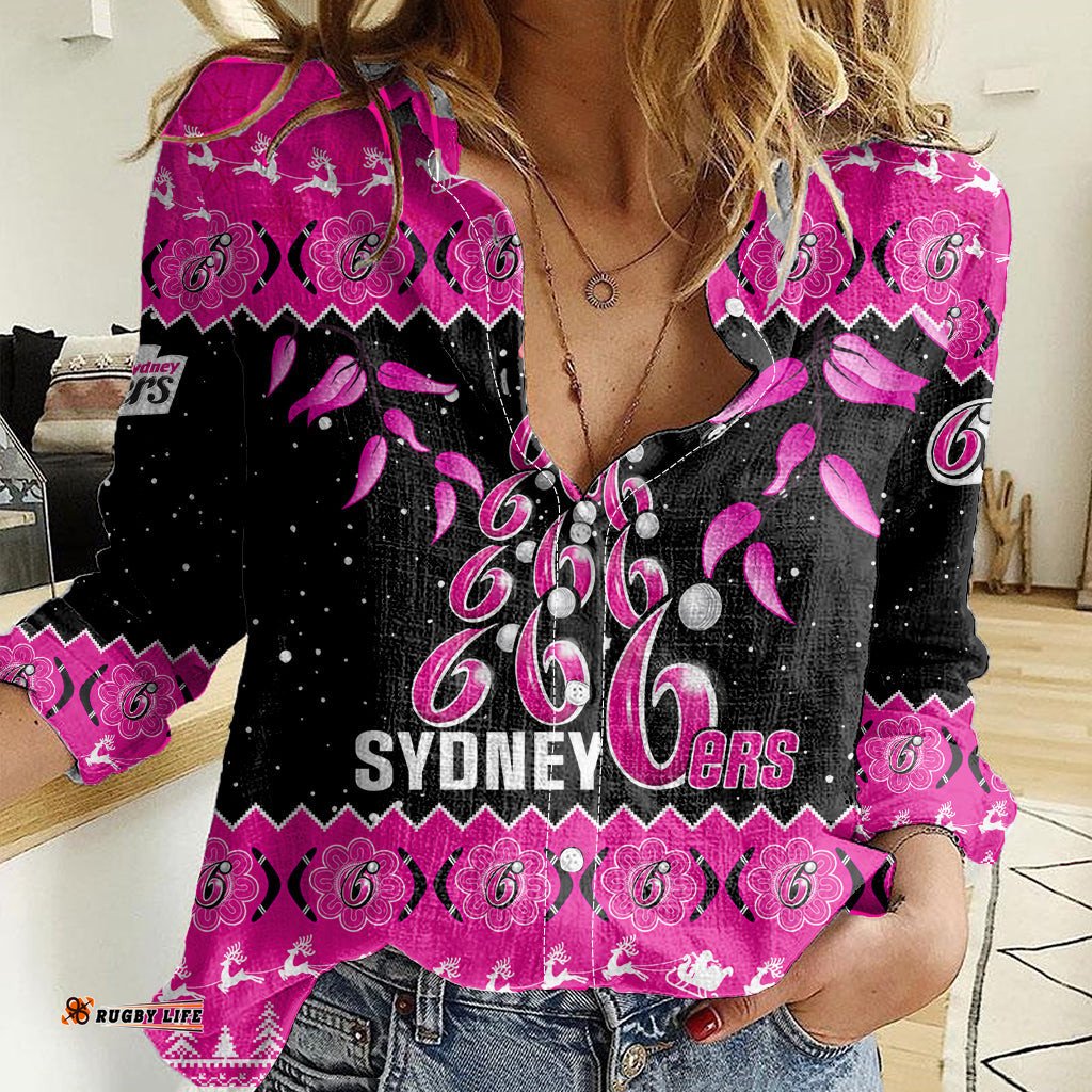 Sydney Sixers Cricket Christmas Women Casual Shirt Merry Xmas 2023 Indigenous Art