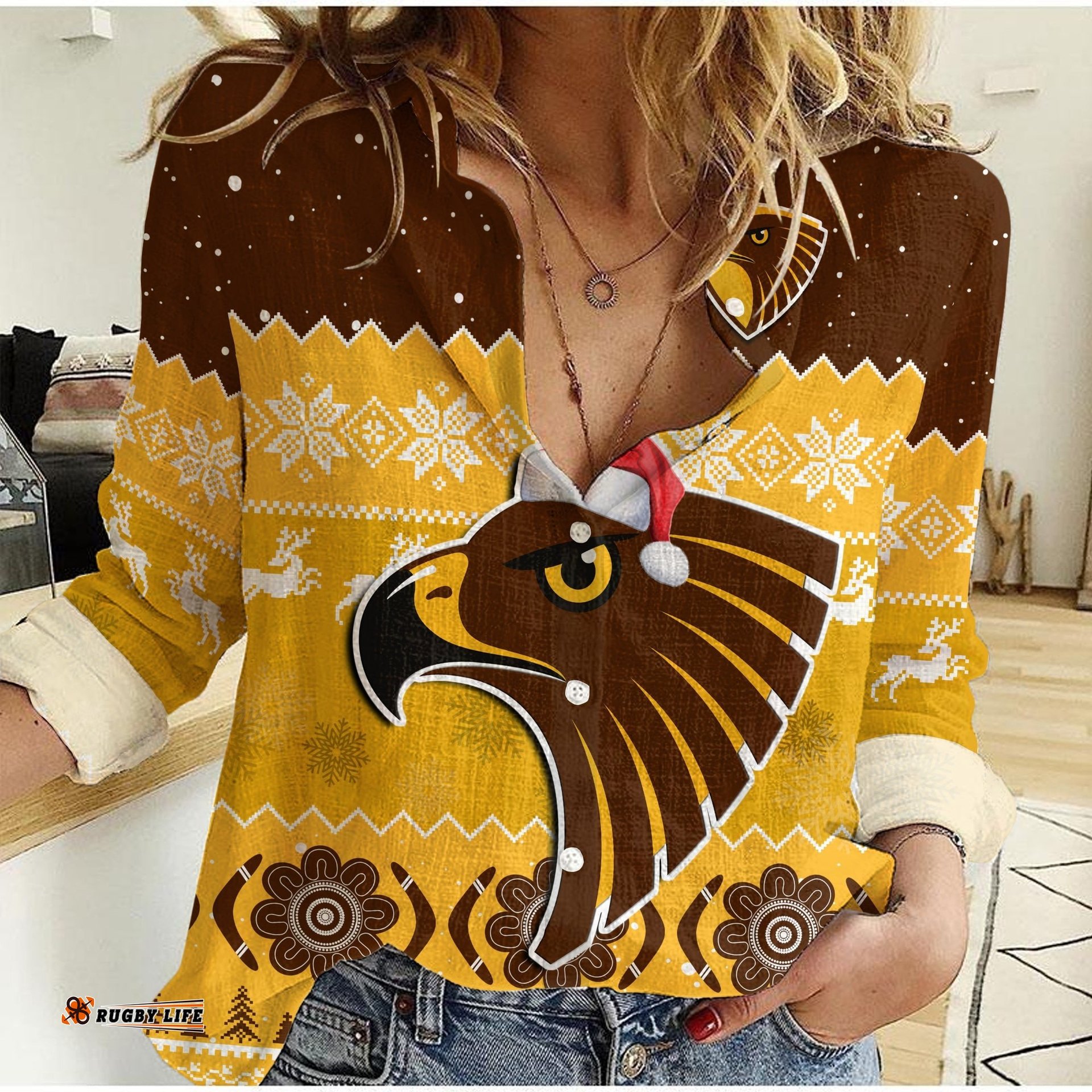 Custom Personalised Hawthorn Football Women Casual Shirt Hawks Indigenous Merry Christmas