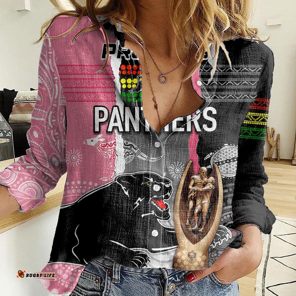 Personalised Panther Rugby NRL Premiers Women Casual Shirt Panther Pride Black & Pink Aboriginal Mix Art