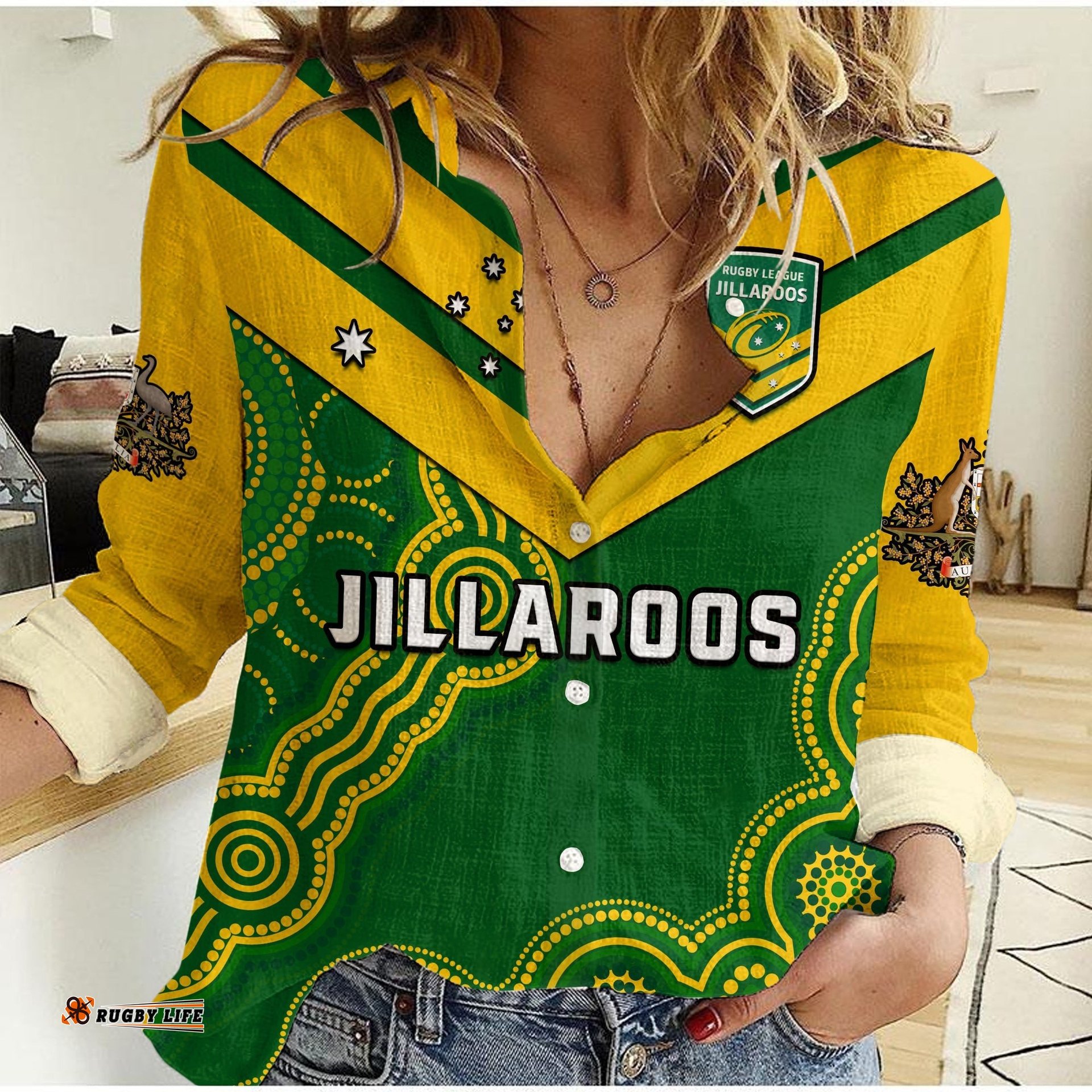 Australia Rugby Women Casual Shirt Jillaroos Champions Indigenous Green Style