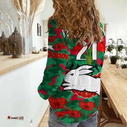 Custom Text And Number Rabbitohs Rugby ANZAC Women Casual Shirt Lest We Forget