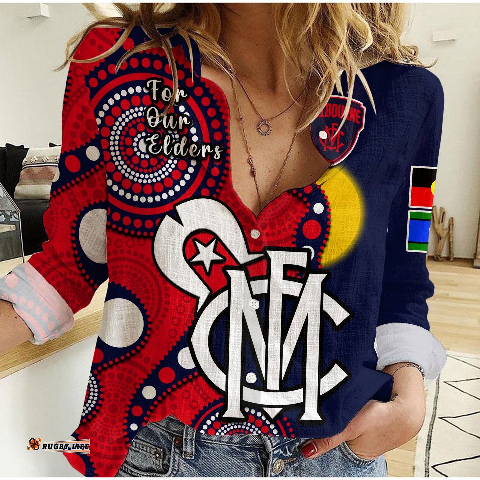 Melbourne Football NAIDOC 2023 Women Casual Shirt Demons For Our Elders Indigenous