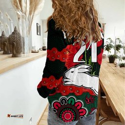 Custom Text And Number ANZAC 2023 NRL Rabbitohs Rugby Women Casual Shirt The Bunnies 1908 Poppy Flowers Mixed Aboriginal
