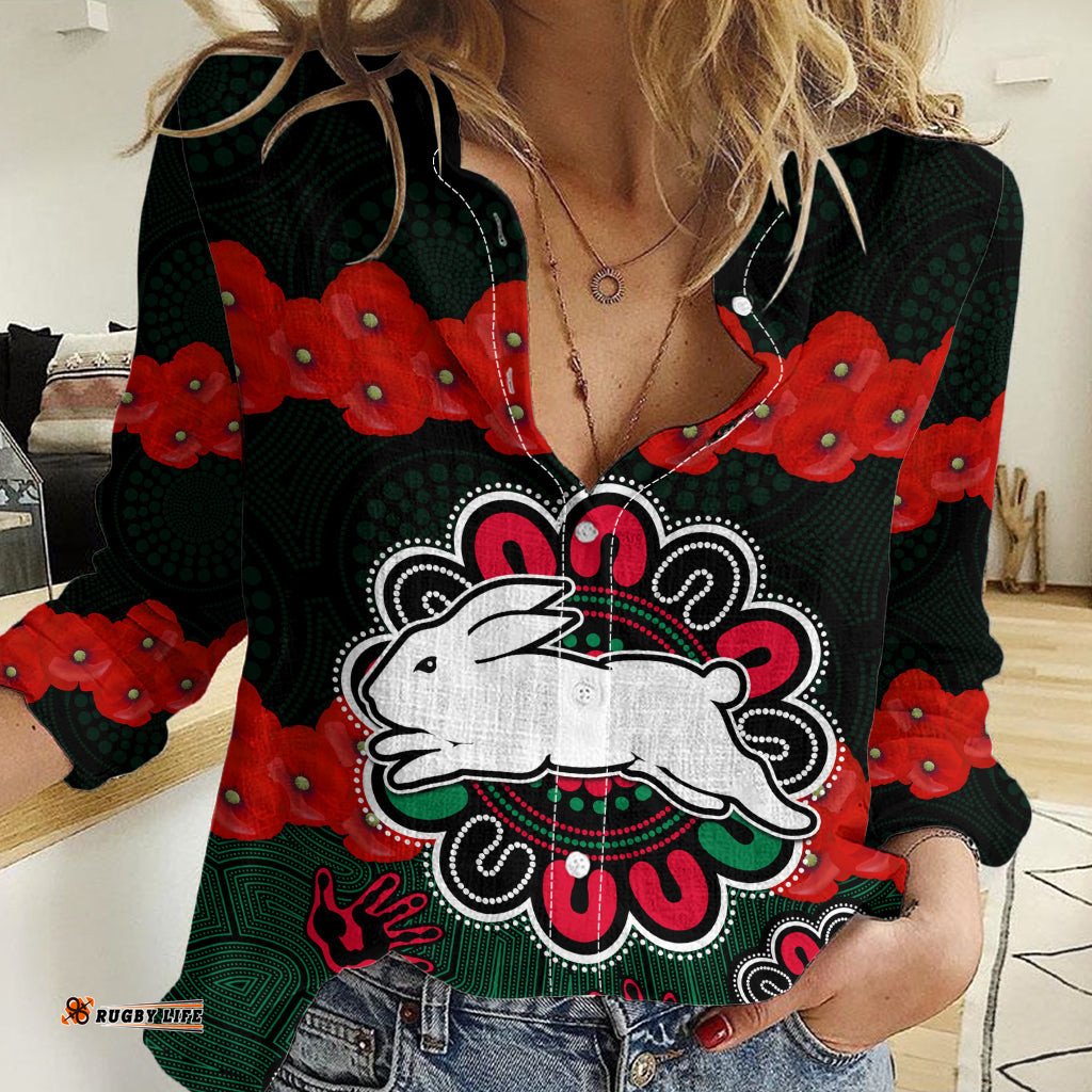 Custom Text And Number ANZAC 2023 NRL Rabbitohs Rugby Women Casual Shirt The Bunnies 1908 Poppy Flowers Mixed Aboriginal