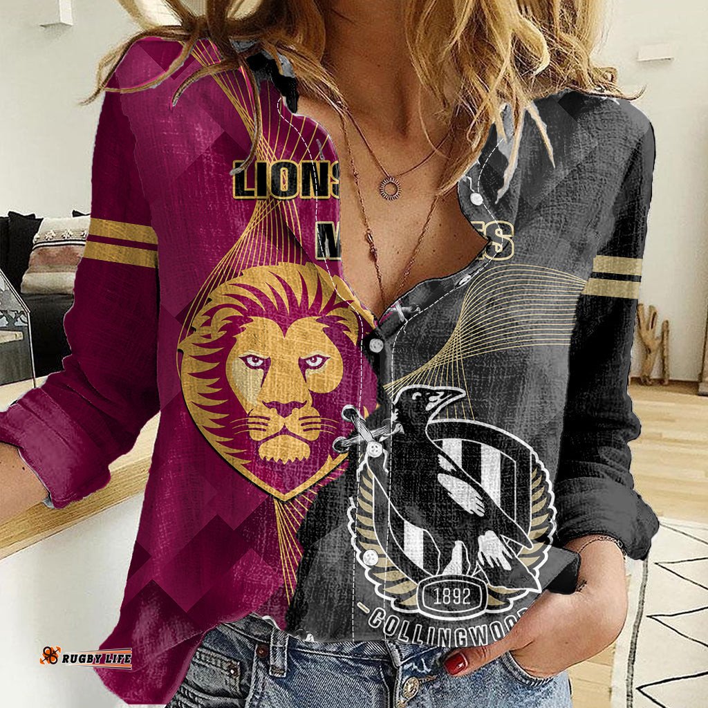 Collingwood And Lions Football Women Casual Shirt 2023 Grand Final Magpies Brisbane Together